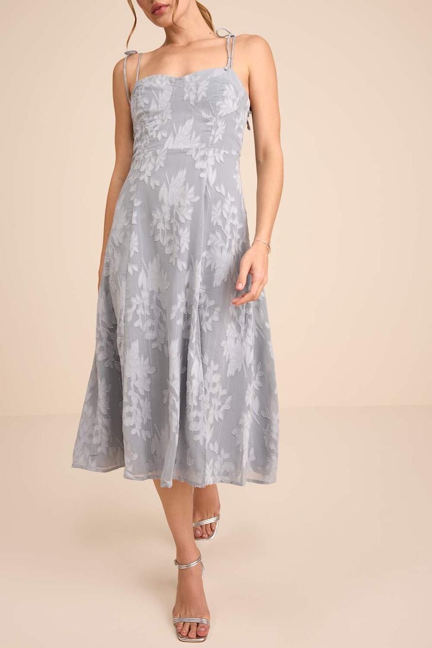 NWT Lulus Loveliest Looks Dusty Blue Floral Jacquard Tie-Strap Midi Dress Sz M